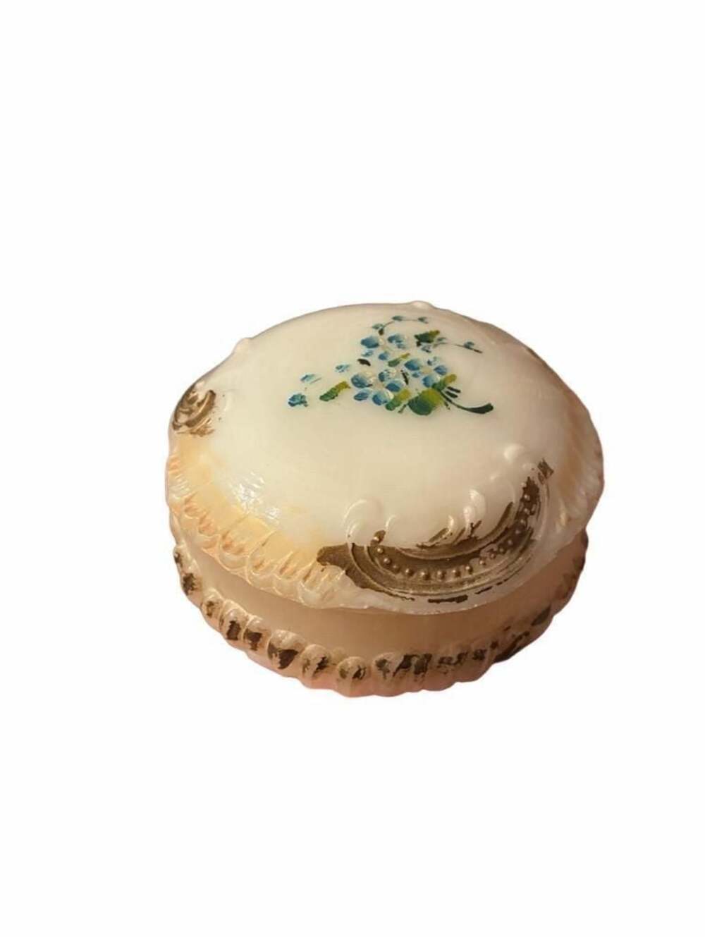 Vintage Hand Painted Milk Glass Trinket Jar Box with Blue Flowers and Gold Trim